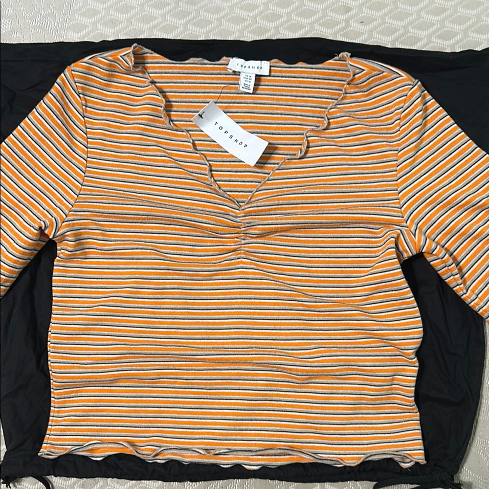 NWT Topshop Ribbed Striped Lettuce-Edge Knit Top – Size L/ US 10